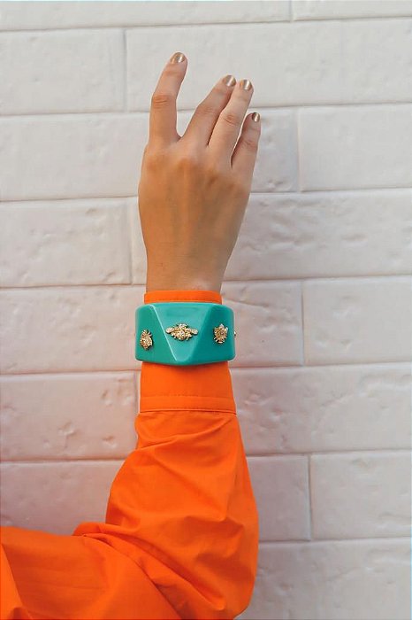 Bracelete Resina Azul Turquesa Besouros