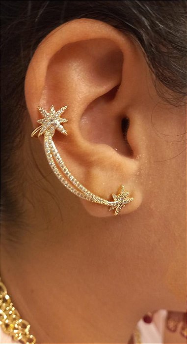 Brinco Ear Cuff Star Assimétrico Dourado Strass