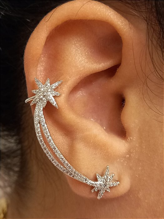 Brinco Ear Cuff Star Assimétrico Ródio Branco Strass