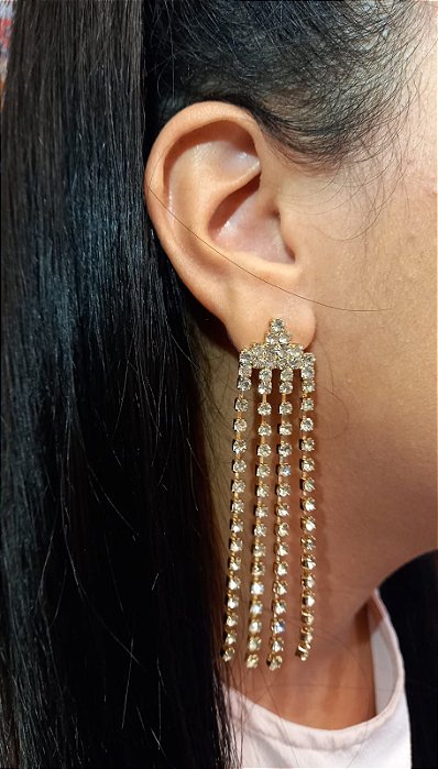 Brinco Strass Franja Dourado