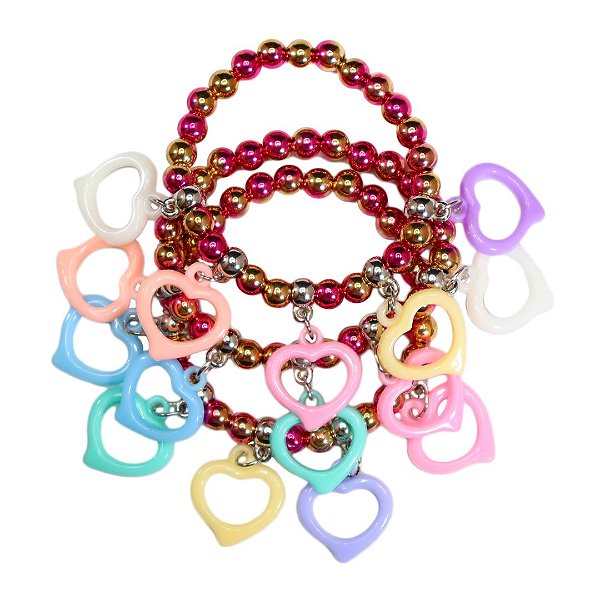Mix Infantil Pulseiras Beads Pink Corações Vazados