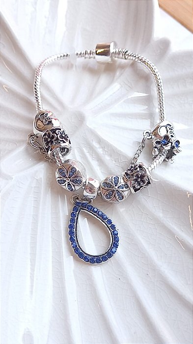 Pulseira Berloques Gota Azul Strass