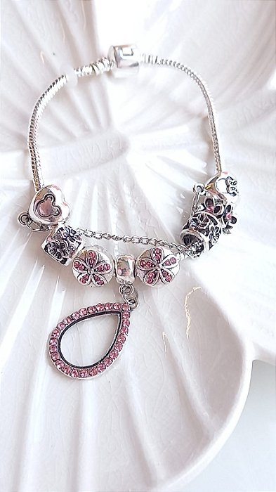 Pulseira Berloques Gota Strass Rosa