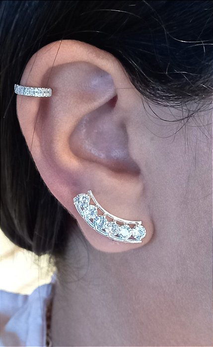 Brinco Ear Cuff Strass Ródio Branco