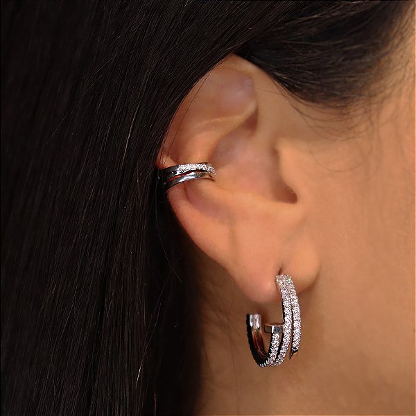 Argola Prego Cravejada Zircônias Ródio Branco