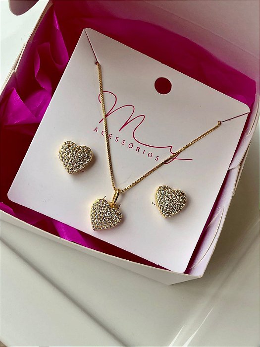Conjunto Coração Semi Cravejado Zircônias