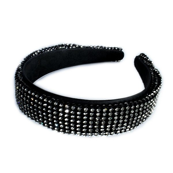 Tiara Base Larga Preta em Strass