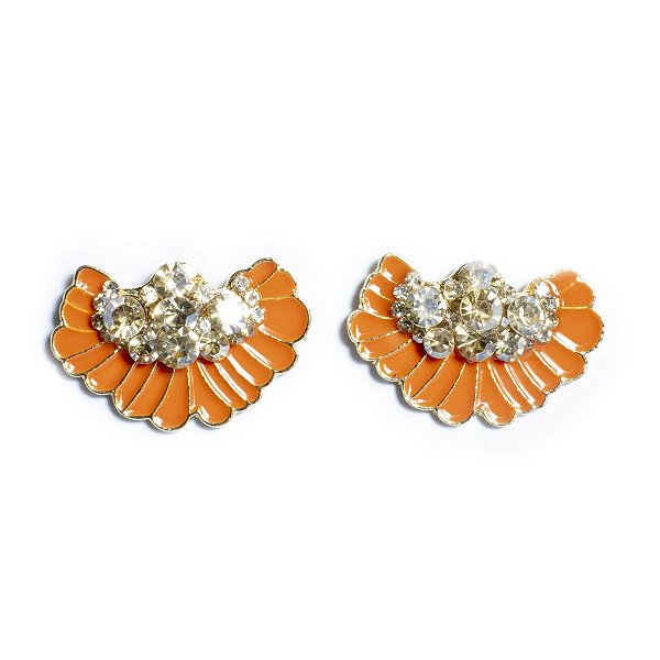 Brinco Leque Laranja Esmaltado Pedraria