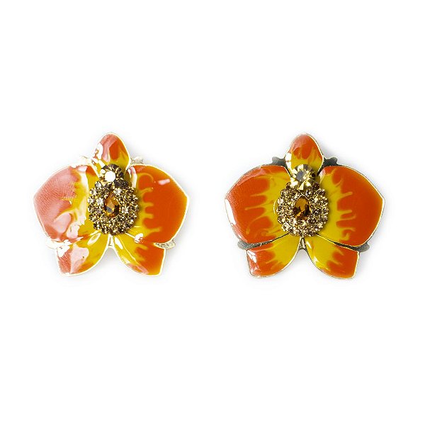 Brinco Orquídea  Esmaltado Laranja com Pedraria
