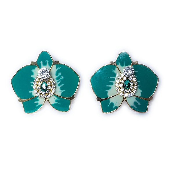 Brinco Orquídea Esmaltado Verde com Pedraria