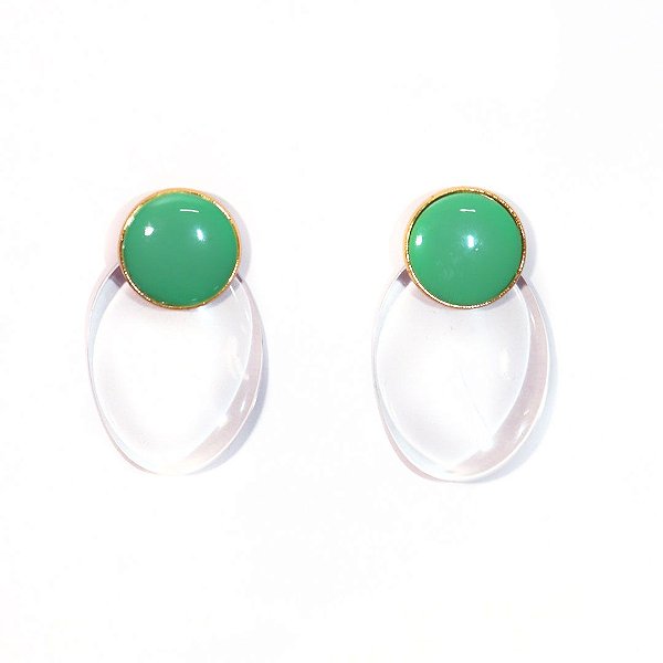 Brinco Botão Verde Oliva Esmaltado Resina Cristal