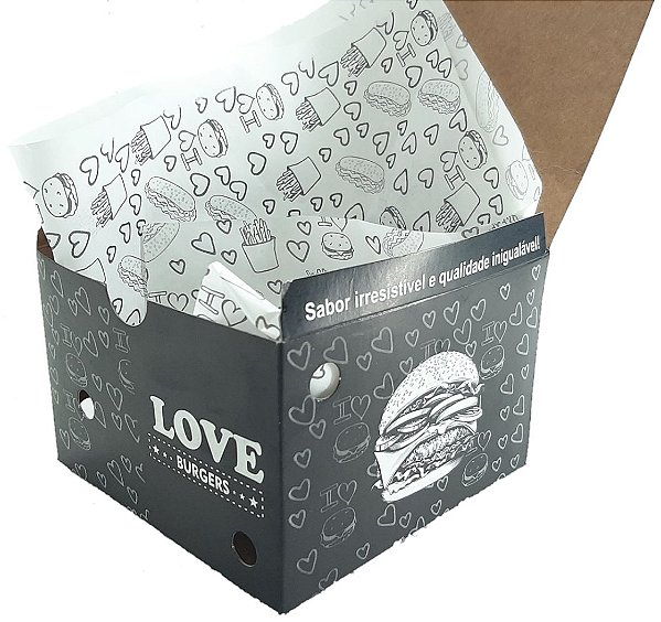 Embalagem para Hambúrguer com impressão [PRETA] 100 unid (Grátis Papel anti gordura)
