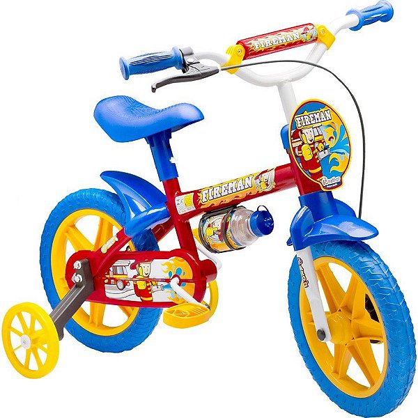 Bicicleta Infantil Aro 12 - Nathor Fireman - Aço - Vermelho, Azul e Amarelo
