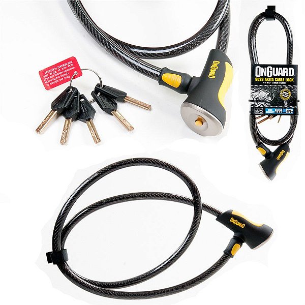 Cadeado P/ Bicicleta - Onguard Akita - 1.2m x 12mm - Cabo de Aço Encapado - Preto e Amarelo