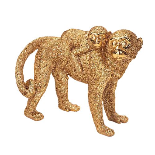 Escultura Decorativa Macaco C/ Filhinho Dourado em Poliresina 13889