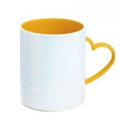 Caneca Sub Plástico Branco C/ Alça  de Coração e interior Amarelo Escuro