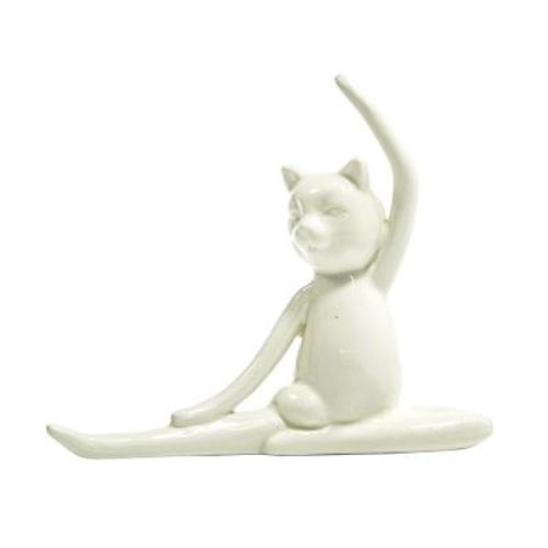 Escultura Decorativa Gato Yoga Cerâmica Branca 13,5x16x4cm Mabruk