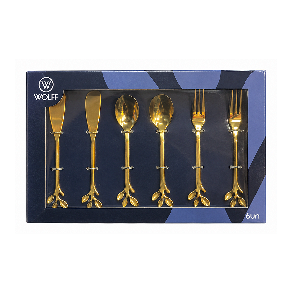 Jogo Talher Para Aperitivos 6Pç Leaves Dourado Aço Inox 28839 Wolff