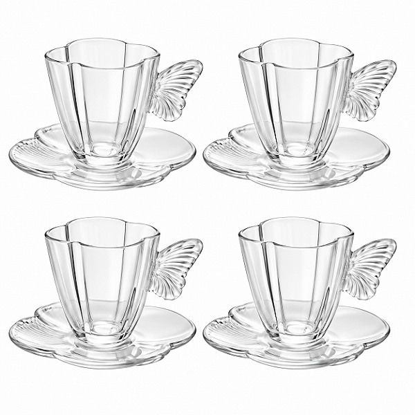 Xícara de Café C/4 Vidro, Pires Butterfly 80ml 29271 Wolff