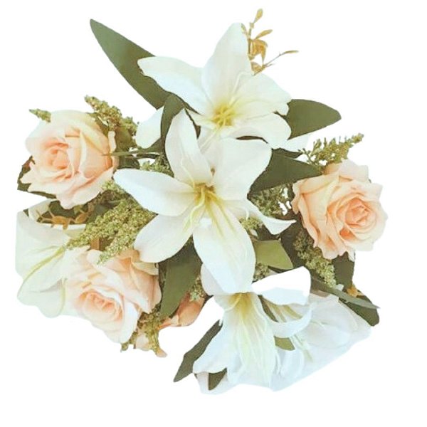Buque de Rosa e Lirio Branco e Rosa Flor Artificial 50cm FB216289