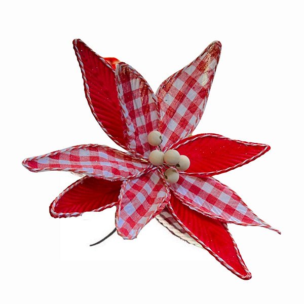 Pick Natalino Flor Poinsetia Xadrez c/ Branco 29cm