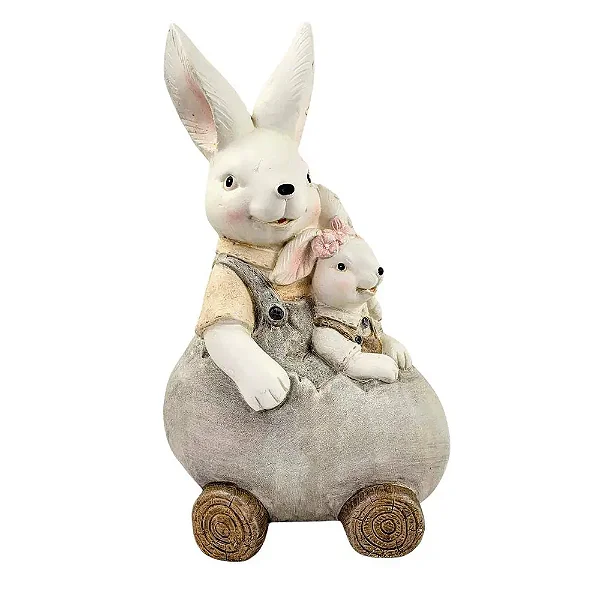 Coelho de Páscoa Em Resina Campestre Com Filha No Carro De Ovo 45cm
