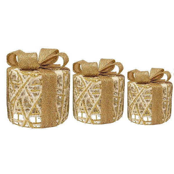 Caixa De Presente Decorativa Com 20 Led Cru / Ouro 6AA 1068567Cromus
