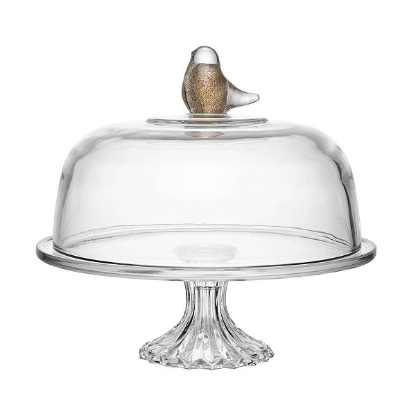 Prato Para Bolo Birds De Cristal C/ Pé E Tampa 30cm X 29cm