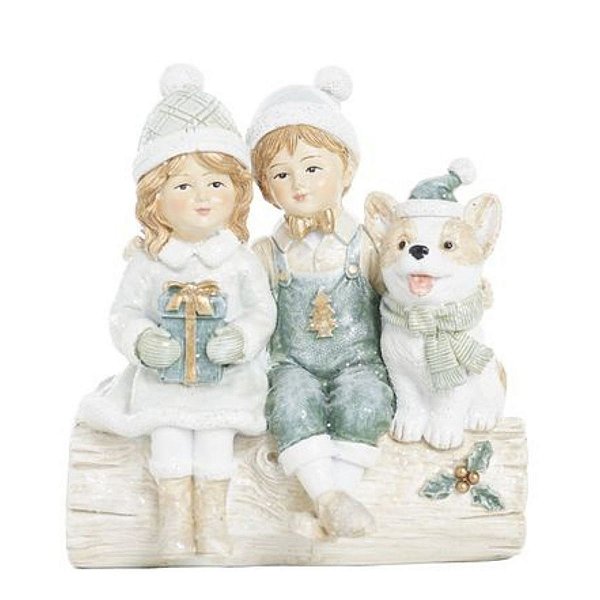 Boneco Natalino Crianças e Cachorro Festiva 11cm 1089425
