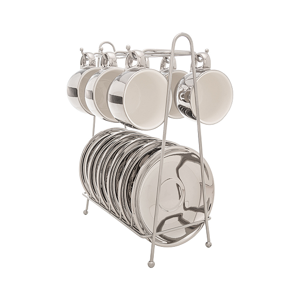 Xícara De Café 90ml Prata C/Pires E Suporte Porcelana CJ6 18059