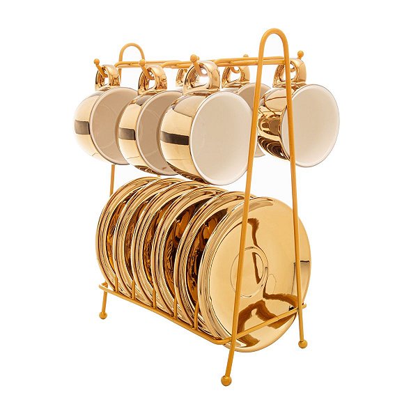 Xícara De Café 90ml Dourado C/Pires E Suporte Poreclana CJ6 18058