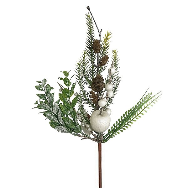 Galho Natalino Pinhas e Frutas Brancas 45cm C/1Unid EN2959