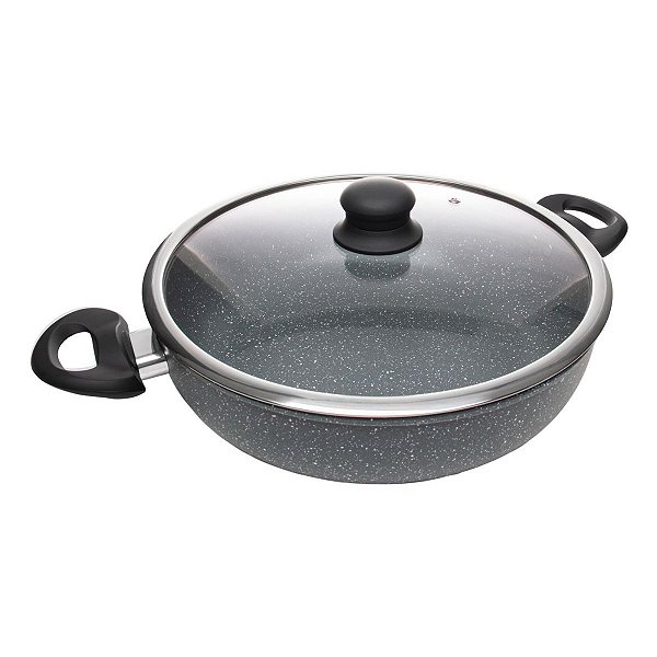 Panela Wok De Indução C/Tampa Vidro Granilite Cinza 28cm 21275