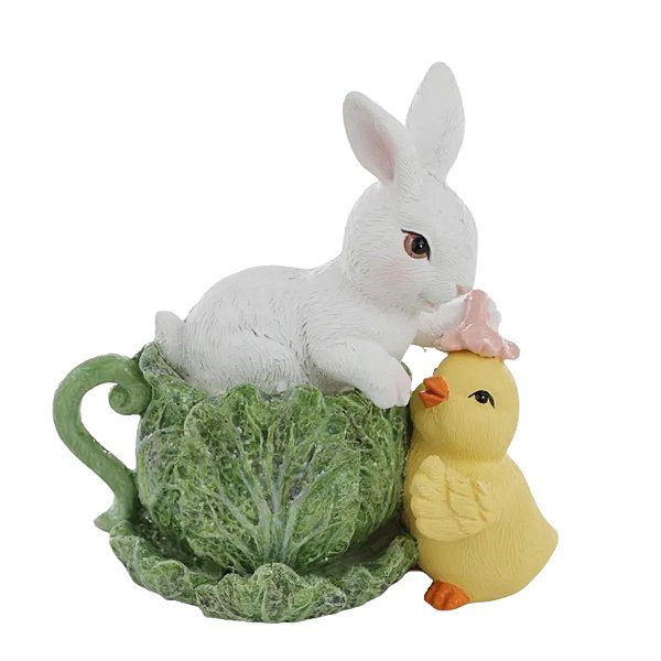 Coelho De Pascoa Flower  Xicara De Alface e Pintinho Resina 16cm 1Unid 1094514