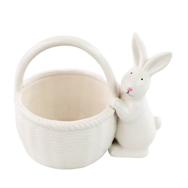 Cesta De Pascoa Coelho Cerâmica Clássica Branco 13x10x13,9cm 1064830