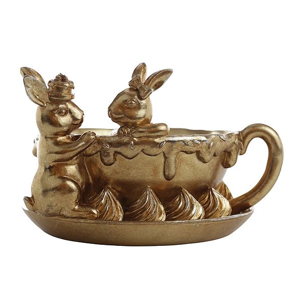 Coelho Pascoa Goldy Dourado Na Xicara  Em Resina 15cm 1094431 1Unid