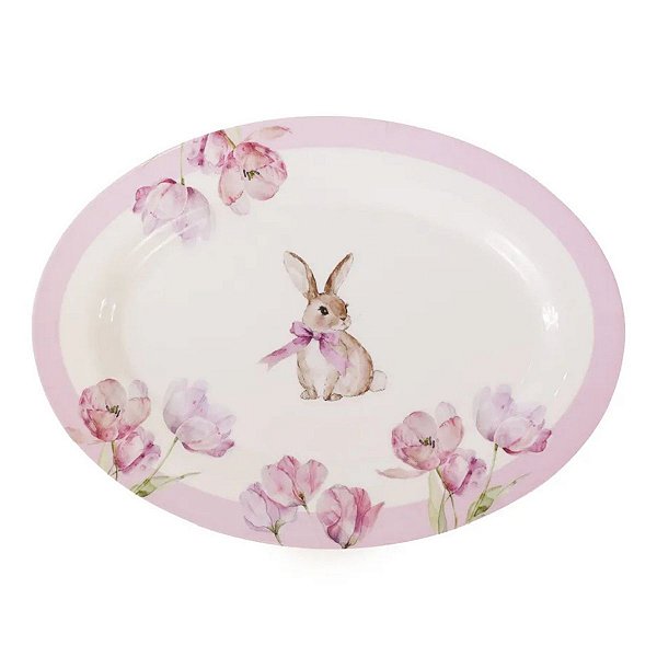 Prato De Pascoa Petisqueira Oval Coelho C/ Flores Em Melamina C/1Und 33cm 1070823