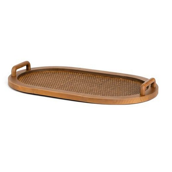Bandeja Decorativa Em Madeira e Rattan 5x50x30cm 22664-G