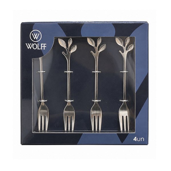 Jogo Garfo Para Aperitivo 4Pç Leaves Prateado Aço Inox 28834 Wolff