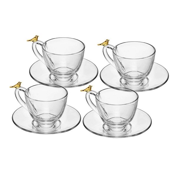Xícara de Chá C/6 Bird Golden C/Pires Cristal ecologico 21033 180ml