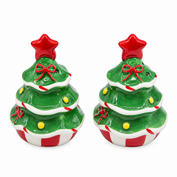 Kit Saleiro e Pimenteiro Arvore De Natal 8cm Cerâmico MP2467