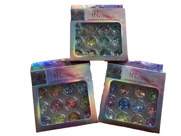 Kit com Glitter Flocado com Folhas de Ouro com 12 Unidades Sortidas - FN Fan Nails