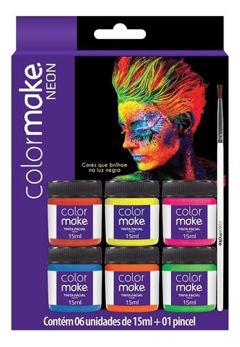 Cartela de Tinta Facial Líquida Neon 15ml + 01 Pincel - Colormake