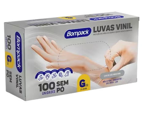 Caixa com 100 Unidades de Luva de Vinil SEM PÓ TRANSPARENTE - Bompack