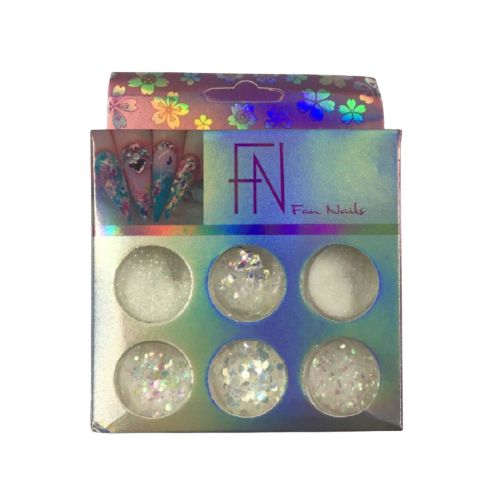 Kit com Glitter Flocado e Fino Branco com 6 Unidades - FN Fan Nails