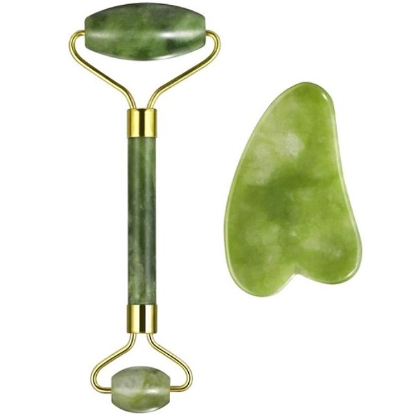 Kit Rolo Pedra de Jade + Placa Gua Sha para Massagem Facial