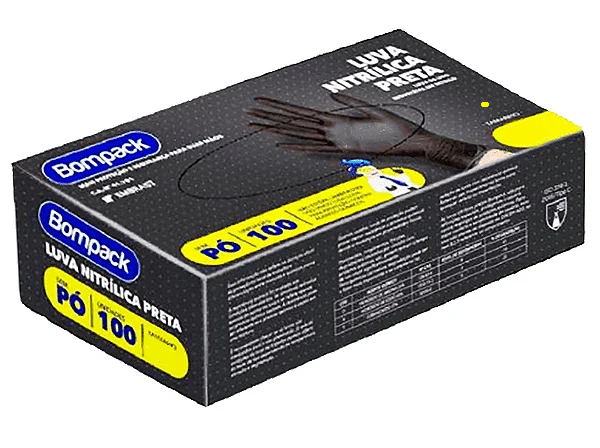 Caixa com 100 Unidades de Luva Nitrílica SEM PÓ PRETA - Bompack
