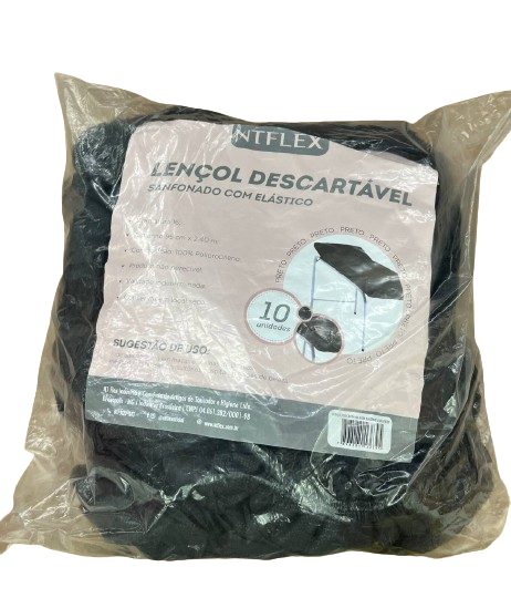 Lençol Descartável Sanfonado com Elástico PRETO 16 Gramas com 10 Unidades - NTFlex