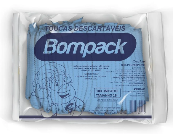 Touca Descartável Sanfonada Azul com 100 Unidades - Bompack
