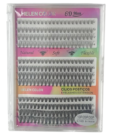 Cartela de Cílios Tufo sem Nó 6D 10P/20P/30P 0.10D - Hêlen Color